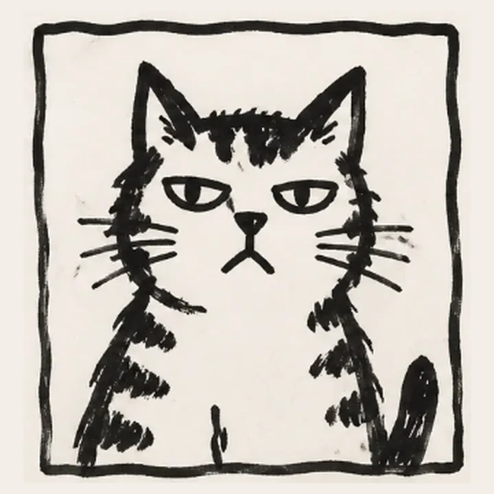 Hand-inked portrait of a striped cat with a deeply unimpressed expression