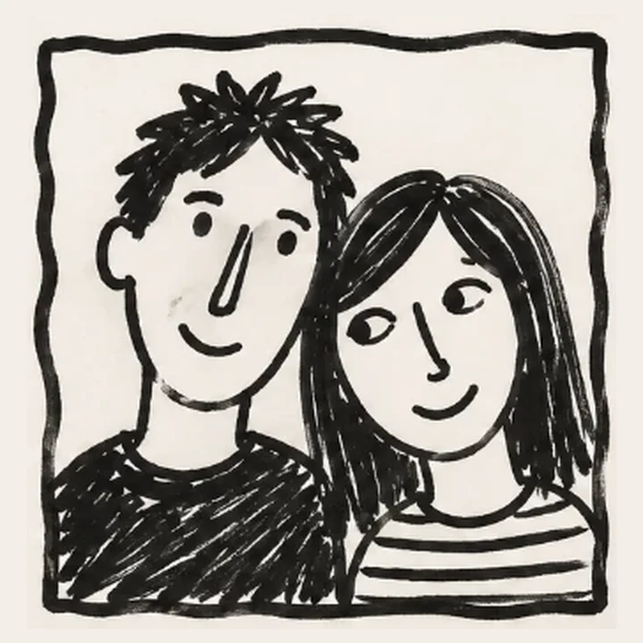 Hand-inked portrait of a couple leaning together, he with spiky hair, she with long hair and a sideways glance