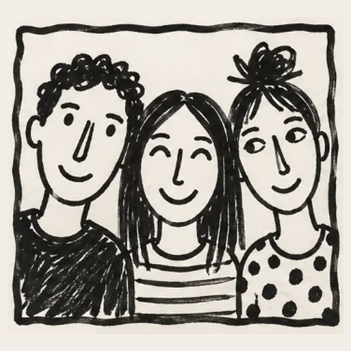 Hand-inked portrait of three smiling friends, one with curly hair, one with a striped top, one with a bun